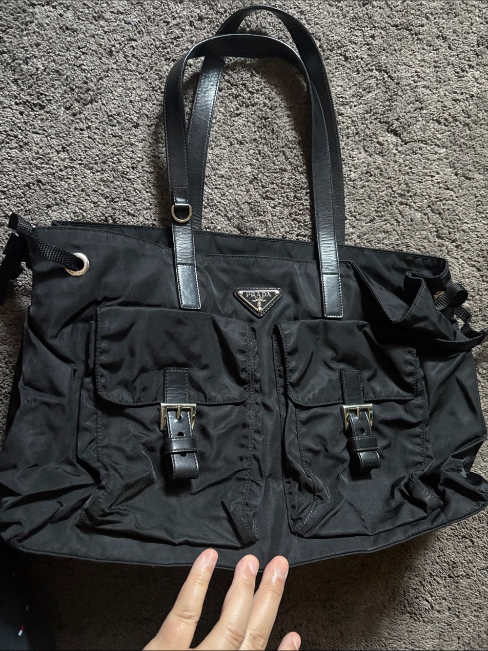 Prada Black Nylon Messenger Tote with Front Buckle Pockets